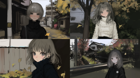 忧郁美少女身穿高领毛衣，中长发灰发灰瞳，站在落满秋叶的城市街头，落叶纷飞，背景是复古建筑，柔和自然光，长焦镜头，浅景深，冷色调，孤独氛围，静态姿势，细腻质感，秋风轻拂，情感深沉。