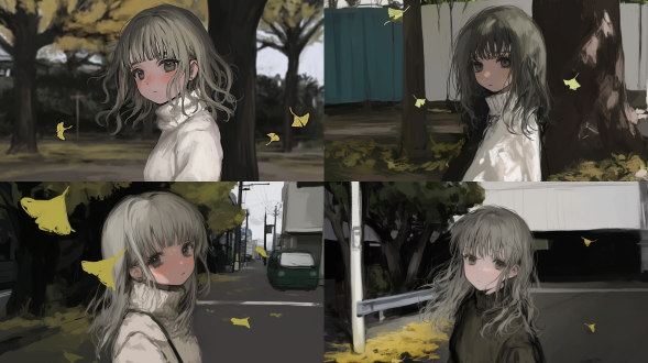 忧郁美少女，浅色高领毛衣，中长发灰发灰瞳，城市街头，满地黄叶，温和日光，长焦镜头，柔和色调，低饱和度，落叶飘舞，侧逆光，微风拂发，沉思表情，静态站立，孤独氛围，秋日感伤，细腻肤质，光影层次，情绪人像