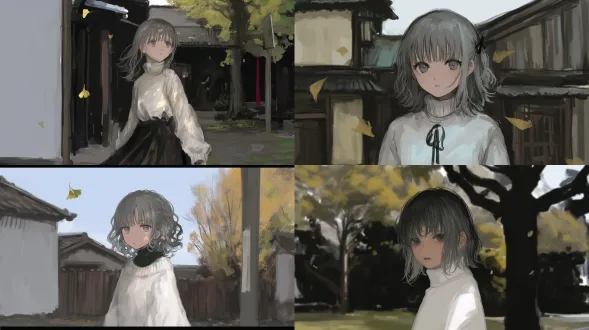 忧郁美少女站立于秋叶铺满的街道，浅色高领毛衣，中长发灰发灰瞳，微侧脸凝视远方，背景是暖色调的城市建筑，落叶飘舞，柔和逆光，长焦镜头，浅景深，电影质感，低饱和度，情感深沉，孤独氛围。