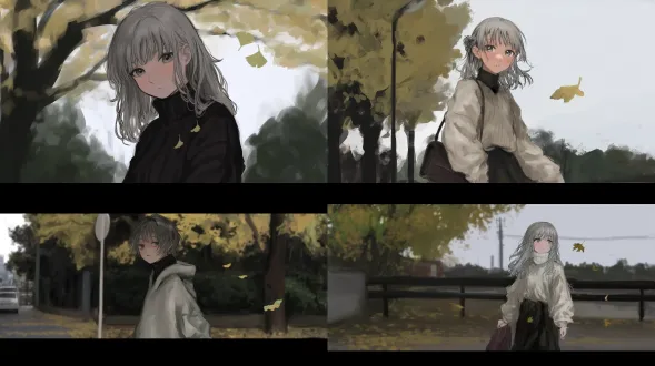 忧郁美少女站在落满秋叶的城市街头，浅色高领毛衣，中长发灰发灰瞳，低头沉思，冷色调，柔焦效果，深秋氛围，长焦镜头，自然光，微风拂动落叶，安静感，细腻肤质，电影质感，孤独，诗意，城市背景虚化，45度角构图，落叶飘散，情感深沉。