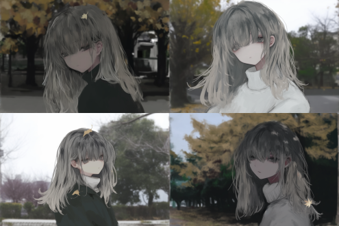 忧郁美少女，浅色高领毛衣，中长发灰发灰瞳，落满秋叶的街道，城市背景，柔和阳光，逆光拍摄，浅景深，50mm定焦镜头，低饱和度，冷色调，落叶纷飞，静止站立，沉思表情，孤独氛围，细腻皮肤，秋日感伤，自然光线，街角构图，情绪肖像。