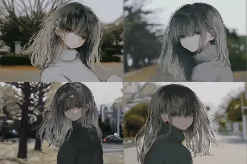 忧郁美少女在秋季城市街头，浅色高领毛衣，中长发灰发灰瞳，落叶铺满地面，柔和侧光，浅景深，冷色调，静态构图，孤独氛围，长焦镜头，细腻质感，微风吹动发丝，光线透过树叶斑驳，城市建筑背景虚化，低饱和度，沉思表情，优雅姿态，感性情绪。