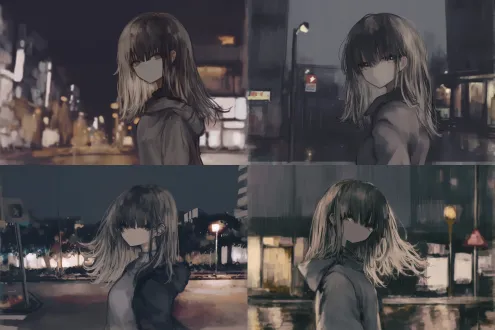 黑色中长发少女在街头行走，城市夜景背景，霓虹灯映照，雨湿路面反射灯光，侧脸轮廓清晰，忧郁眼神，黑色皮夹克与牛仔裤，慢门摄影，动态模糊，冷色调，环境光，电影感，孤独氛围，长焦距镜头，低视角，高对比度，强烈光影。