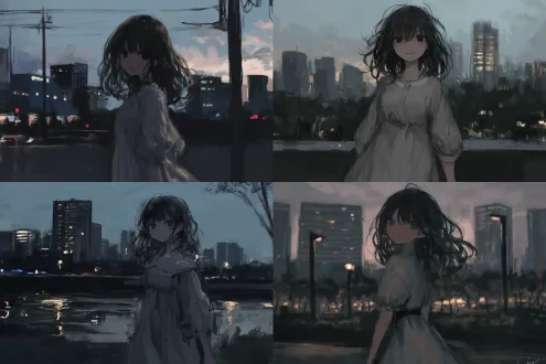 黑发黑瞳孔少女微笑漫步于日落城市街道，黄昏光线柔和温暖，高楼剪影衬托天际，氛围浪漫宁静，少女穿着轻盈连衣裙，发丝微扬，表情温柔愉悦，城市灯光渐次点亮。广角镜头，黄金时刻，自然光，浅景深，柔焦效果，暖色调，逆光，慢快门，动态模糊，都市风景，剪影对比，宁静愉悦。