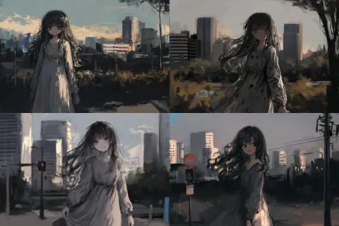 黑发黑瞳孔少女在日落城市中微笑漫步，高楼剪影，金色阳光洒在街道上，少女穿着轻盈连衣裙，微风拂动长发，柔和侧光，温暖色调，中焦镜头，浅景深，城市背景虚化，悠闲步伐，宁静氛围，微笑表情，都市浪漫风格，黄昏光影，温暖情感，现代与自然融合。