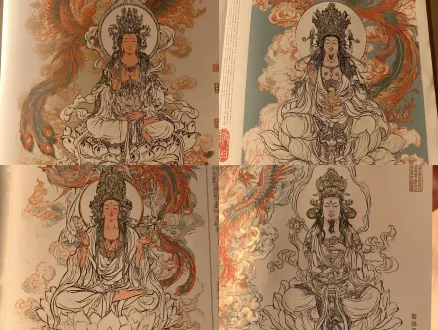 参考图片线稿，创作国风动漫，财神，传统白描造像，结跏趺坐莲花座，繁复宝冠，衣袂层叠，一手持莲花，端庄祥和，鎏金刺绣长袍，悬浮云海天宫，暖金晨光丁达尔光，巨型五彩凤凰，祥云春花，万象更新，赛璐璐动漫，细腻光影，祥瑞静谧