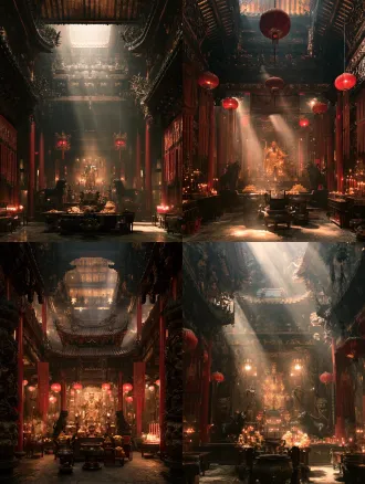正向： 中式古建财神神殿内景，重檐斗拱，朱红立柱，描金藻井天花，殿正中武财神赵公明金身塑像，黑虎侍立两侧，手持金元宝与钢鞭，供案上青铜香炉、聚宝盆、金元宝，悬挂红灯笼与织锦幡旗，宝相花木雕纹样，兽面纹浮雕，柔和殿内烛光，金色漫反射，恢弘庄重，禁止电影大棚光，图片要以iphone7手持主镜头拍摄视角，伪纪录片质感，运动模糊，真实景深，人物主体光源使用环境光，镜头聚焦在人物主体上，背景虚焦，电影质感，电影级光影，8k，超精细，古建筑彩绘，景深，细节丰富，国风宗教殿宇 反向： 卡通，畸形，扭曲，多余肢体，现代家具，人物面部崩坏，灰暗，噪点，水印，文字