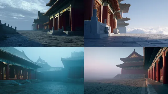 生成一张天庭南天门的定场主视角（白日天界，无人场景）。真人实景拍摄质感，sony venice 电影摄影机，35mm 镜头，16:9。 【影调】 - 色彩体系：环境冷白天光（冷青白），朱红鎏金暖点，蓝橙双色调色，低饱和 - 光线：清晨侧逆光从右侧擦过，窄淡金轮廓光，透明冷阴影 - 反差：高反差，暗部保留云层结构，高光只给鎏金 - 大气：云海翻涌，近层薄雾、远层淡雾，空气透视深远 - 胶片质感：35mm 细腻胶片颗粒，自然暗角，哑光材质 - 风格参考：90年代香港武侠电影冷暖分区，东方神话天庭威严 【机位锚定】摄像机固定在观景台地面位置，人眼高度约1.6米，第一人称视角站在平台上，低角度仰视前方；画面近处必须能看到脚下的汉白玉平台地面、地面接缝与低矮栏杆（栏杆底部入画），天空与建筑向画面上方延伸。 构图：画面中央一座不可见全貌的超巨型南天门自云海升起——汉白玉巨墙、深色木构梁架、层叠斗拱、宽阔飞檐与克制鎏金，占画面高度60%以上并越出画面顶部，基座隐入云海；门楼门额有鎏金匾额，檐角铜铃轻悬。前景是脚下延伸的汉白玉观景台地面与低矮栏杆，一条极细的白玉廊桥从观景台向门楼延伸，沿途栏杆、灯柱与小型廊亭连缀缩小形成统一消失点。画面左右两侧云海翻涌，远山黛青轮廓。无人物。严禁游戏cg、塑料表面、过度锐化、hdr光晕、悬浮视角、鸟瞰、俯视。16:9横构图，4k高清。