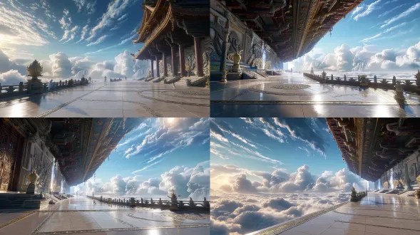 生成一张天庭南天门的定场主视角（白日天界，无人场景）。真人实景拍摄质感，sony venice 电影摄影机，35mm 镜头，16:9。 【影调】 - 色彩体系：环境冷白天光（冷青白），朱红鎏金暖点，蓝橙双色调色，低饱和 - 光线：清晨侧逆光从右侧擦过，窄淡金轮廓光，透明冷阴影 - 反差：高反差，暗部保留云层结构，高光只给鎏金 - 大气：云海翻涌，近层薄雾、远层淡雾，空气透视深远 - 胶片质感：35mm 细腻胶片颗粒，自然暗角，哑光材质 - 风格参考：90年代香港武侠电影冷暖分区，东方神话天庭威严 【机位锚定】摄像机固定在观景台地面位置，人眼高度约1.6米，第一人称视角站在平台上，低角度仰视前方；画面近处必须能看到脚下的汉白玉平台地面、地面接缝与低矮栏杆（栏杆底部入画），天空与建筑向画面上方延伸。 构图：画面中央一座不可见全貌的超巨型南天门自云海升起——汉白玉巨墙、深色木构梁架、层叠斗拱、宽阔飞檐与克制鎏金，占画面高度60%以上并越出画面顶部，基座隐入云海；门楼门额有鎏金匾额，檐角铜铃轻悬。前景是脚下延伸的汉白玉观景台地面与低矮栏杆，一条极细的白玉廊桥从观景台向门楼延伸，沿途栏杆、灯柱与小型廊亭连缀缩小形成统一消失点。画面左右两侧云海翻涌，远山黛青轮廓。无人物。严禁游戏cg、塑料表面、过度锐化、hdr光晕、悬浮视角、鸟瞰、俯视。16:9横构图，4k高清。