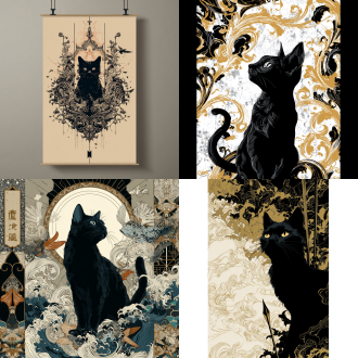 poster artwork, ornate background, 2019, sumptuous, artist katsushika hokusai, stylised, juxtapoz aesthetic, enigmatic beauty, vector aesthetics, defence, hanging scroll, artstatiom, purism, portrait of beautiful cat,黑猫，粗线条，标志设计，箭头尾巴，白色背景，png格式输出，