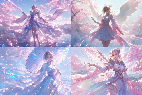 飘逸仙侠全身，2d动漫风格，绝美东方女性，完美大腿，健康纤长手指，卷短顶发，华丽古风长裙，优雅站姿，樱花飘落，山水背景，唯美光影，柔和色调，细腻线条，动态裙摆，仙气环绕，微笑表情，梦幻氛围，广角镜头，浅景深，高饱和度，精致细节，大师级插画，灵感来自冯化中与夜宵寅次郎