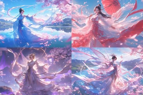 飘逸仙侠全身，2d动漫风格，绝美东方女性，完美大腿，健康纤长手指，卷短顶发，华丽古风长裙，优雅站姿，樱花飘落，山水背景，唯美光影，柔和色调，细腻线条，动态裙摆，仙气环绕，微笑表情，梦幻氛围，广角镜头，浅景深，高饱和度，精致细节，大师级插画，灵感来自冯化中与夜宵寅次郎，中式审美，古风感