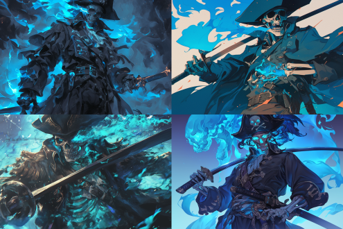 骷髅海盗船长。他的个体形态中流动着蓝色的烟雾。看起来像是在慢慢地随着时间瓦解。非常酷的海盗帽，使用武士刀武器，厚涂风格