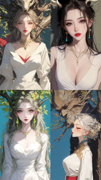 千年树妖，头发上少许树枝点缀，扁平风格 工笔画，牛油果绿背景，极简艺术，白色长裙，超低胸深v突出，烈焰红唇，迷人眼神，绿色复古宝石耳环，第一人称视角斜视，正对镜头，侧脸，面部特写。 头部特写 低角度 ，柔和光线，柔和色调，优雅，娴静情绪。正面头像