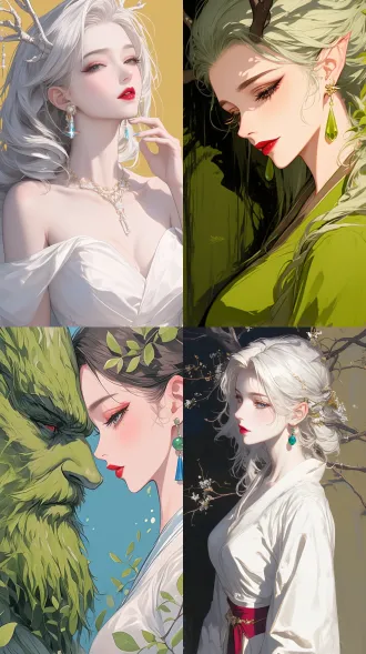 千年树妖，老妖婆，胖胖的丑，头发上少许树枝点缀，扁平插画，牛油果绿背景，极简艺术，白色长裙，深v突出，烈焰红唇，迷人眼神，绿色复古宝石耳环，第一人称视角斜视，侧脸，面部特写。 头部特写 低角度 ，柔和光线，柔和色调，娴静情绪。