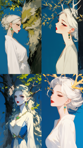 千年树妖，老妖婆，胖胖的丑，头发上少许树枝点缀，扁平插画，牛油果绿背景，极简艺术，白色长裙，深v突出，烈焰红唇，迷人眼神，绿色复古宝石耳环，第一人称视角斜视，侧脸，面部特写。 头部特写 低角度 ，柔和光线，柔和色调，娴静情绪。