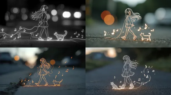 microscopic perspective, create a simple hand-drawn glowing line (only lines, no coloring), a mini girl with a great figure, long hair cascading over her shoulders, flowing hair,simle, wearing a short skirt, walking on the road, wearing headphones, with many musical notes floating behind her, following a small cat, with the background blurred