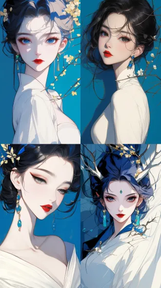 千年狐妖，头发上少许树枝点缀，扁平风格 工笔画，牛油果绿背景，极简艺术，白色长裙，超低胸深v突出，烈焰红唇，迷人眼神，绿色复古宝石耳环，第一人称视角斜视，正对镜头，侧脸，面部特写。 头部特写 低角度 ，柔和光线，柔和色调，优雅，娴静开心情绪。8k超清