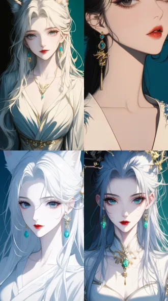 thousand-year fox spirit，扁平风格 工笔画，牛油果绿背景，极简艺术，白色长裙，超低胸深v突出，烈焰红唇，迷人眼神，绿色复古宝石耳环，正对镜头，侧脸，面部特写，优雅，娴静开心情绪。 头部特写 低角度 ，柔和光线，柔和色调。8k超高清