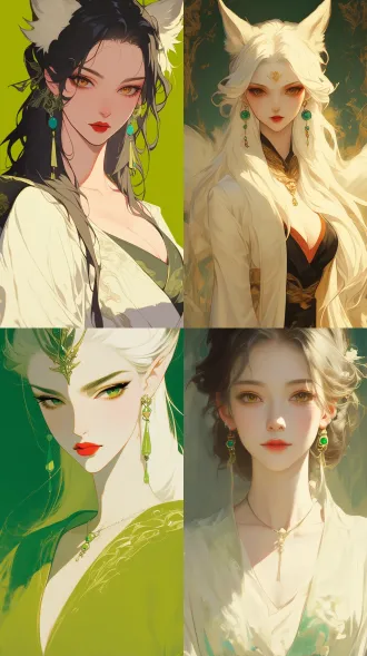 thousand-year fox spirit，扁平风格 工笔画，牛油果绿背景，极简艺术，白色长裙，超低胸深v突出，烈焰红唇，迷人眼神，绿色复古宝石耳环，正对镜头，面部特写，全身照，优雅，娴静开心情绪。 头部特写 ，柔和光线，柔和色调。8k超高清