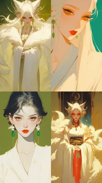 thousand-year fox spirit，扁平风格 工笔画，牛油果绿背景，极简艺术，白色长裙，超低胸深v突出，烈焰红唇，迷人眼神，绿色复古宝石耳环，正对镜头，面部特写，全身照，优雅，娴静开心情绪。 头部特写 ，柔和光线，柔和色调。8k超高清