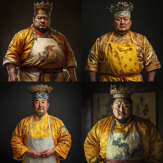 一个拟人化的鲁菜角色，身材魁梧的山东大汉，穿着明黄色龙袍但龙袍有点旧，腰间系着围裙，头上戴厨师帽和皇冠的结合体，表情委屈又不服气，手拿一根大葱当权杖。手绘简笔漫画风格，线条带抖动，扁平插画，白色背景，喜剧夸张比例，头部偏大，四肢短粗，皮克斯动画质感。