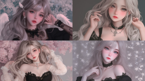 美丽女孩远望捋发，全身特写，正面视角，动漫风格，暗黑氛围，精致五官，飘逸长发，忧郁眼神，冷色调，柔光，细节丰富，背景虚化，哥特服饰，蕾丝装饰，神秘气息，低饱和度，对比强烈，唯美构图，电影质感，特写镜头，深沉情绪。