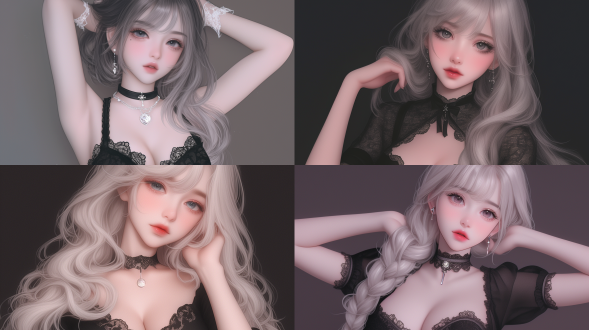 美丽女孩正面特写全身照，动漫风格，手捋头发，暗黑色调，黑色背景，细腻发丝，冷艳表情，哥特风服饰，蕾丝细节，柔和面光，高对比度，50mm镜头，电影质感，深邃眼神，暗红唇色，神秘氛围，优雅动作，阴影层次，虚幻光影