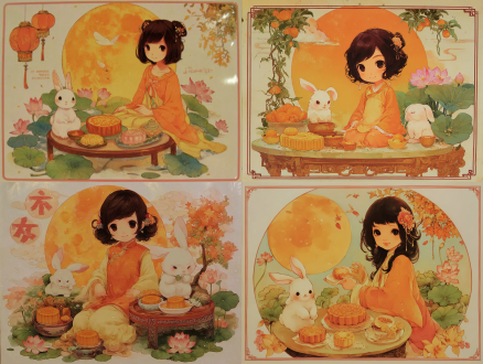 身着橙色古风衣饰的少女坐在圆桌边，桌上月饼盘，两只白色月兔相伴，一只坐大月饼上，荷花荷叶环绕，背景橙黄大月亮，桂花树祥云飘空荷花，清新明快色调，古风插画，柔和光影，高饱和度，精细细节，温馨雅致，白色背景。