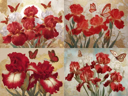 红色鸢尾花盛开中心，蝴蝶轻盈环绕，细腻工笔风格，对称构图，华丽神秘，金色装饰点缀，红白主调，岩彩肌理，烫金纹理，低饱和度，大面积留白，前景鲜艳，光影柔和，花瓣层次分明，色彩斑斓，梦幻氛围，典雅精致，细节丰富，高对比度，静物特写，艺术摄影，微距镜头，侧逆光，金色光晕，丝滑质感。