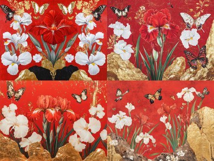 红色鸢尾花盛开居中，蝴蝶环绕飞舞，工笔细腻描绘，红色主调配白花金饰，华丽神秘，对称构图，花朵占三分之一，红底金箔岩彩，鎏金纹理，低饱和度，前景鲜亮，细节精致，光影柔和，花瓣层次分明，色彩斑斓，梦幻对比，典雅饱满。