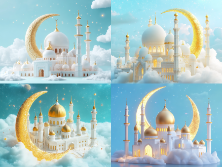 3d isometric style, a magnificent white mosque with golden domes and minarets, nested in a large golden crescent moon, light blue background with soft clouds and stars, elegant and sacred, warm lighting, ultra-detailed, 8k, octane render