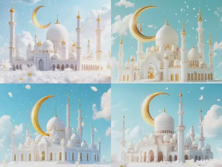 3d isometric style, a grand white mosque with intricate golden domes and slender minarets, embraced by a large golden crescent moon, light blue sky background with wispy clouds and star clusters, scattered white jasmine petals floating around, holy and dreamy, warm ambient lighting, ultra-detailed, 8k, octane render, 4:3 aspect ratio, gentle glow