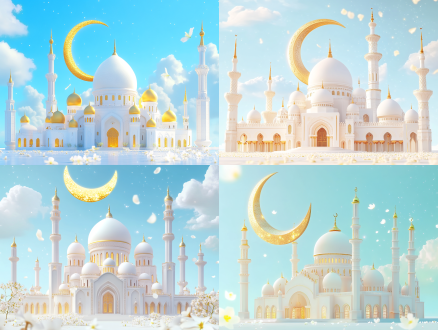3d isometric style, a grand white mosque with intricate golden domes and slender minarets, embraced by a large golden crescent moon, light blue sky background with wispy clouds and star clusters, scattered white jasmine petals floating around, holy and dreamy, warm ambient lighting, ultra-detailed, 8k, octane render, 4:3 aspect ratio, gentle glow