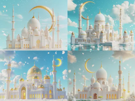 3d isometric style, a grand white mosque with intricate golden domes and slender minarets, embraced by a large golden crescent moon, light blue sky background with wispy clouds and star clusters, scattered white jasmine petals floating around, holy and dreamy, warm ambient lighting, ultra-detailed, 8k, octane render, gentle glow