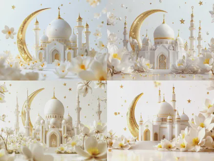 3d rendering, luxurious white mosque with golden decorations, placed on a golden crescent moon, surrounded by white and yellow magnolia flowers, light white background, floating stars, delicate texture, soft light, dreamy and holy, high definition, 4k