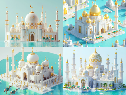 3d isometric illustration, grand white mosque with shiny golden domes and minarets, hanging golden ornaments and crescent moons, camels with green saddles in front of the door, light blue water surface, soft light, sacred and peaceful atmosphere, ultra-detailed, 8k