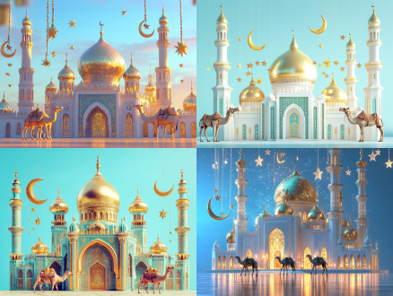 intricately designed islamic mosque with shiny golden domes and minarets, two camels in the foreground, hanging golden crescent moon and star ornaments, soft blue gradient background, 3d render, realistic shadows, ultra-detailed textures