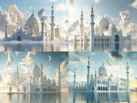 majestic white islamic mosque with gold-trimmed domes and minarets, crescent moon and stars floating in soft cloudy sky, serene atmosphere, 3d render, smooth gentle lighting, high-definition details, clean light background, reflective water surface at the base