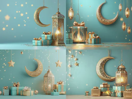 3d rendering, festive ramadan scene: ornate golden crescent moon (with intricate patterns) hanging from top, a single turquoise-and-gold traditional lantern (lit, warm glow) beside it, surrounded by stacked golden & teal gift boxes with bows. soft light blue background, sparkling star accents, hyper-realistic, cinematic lighting, 8k