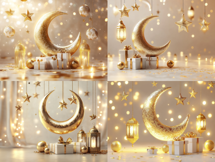 eid mubarak celebration, 3d illustration: large golden crescent moon (shiny metallic texture) with hanging golden stars, two glowing golden lanterns, white/gold gift boxes, small golden spheres. light pastel background, dreamy bokeh, rich details, warm ambient light, photorealistic