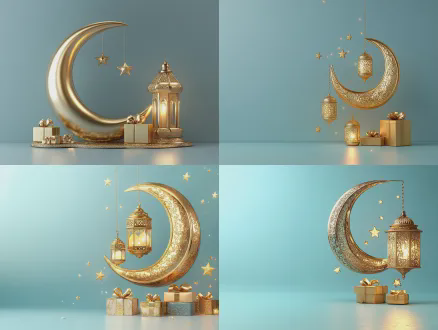 magical ramadan decor: golden crescent moon (curved, detailed carvings) with two layered golden lanterns (lit, warm light) attached, small golden gift boxes at the base, floating tiny stars. soft light blue backdrop, elegant 3d rendering, high contrast, shiny textures