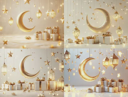 festive eid scene: tilted golden crescent moon with hanging stars, multiple glowing golden lanterns (different sizes), white gift boxes with gold bows, scattered star sparkles. light pastel background, warm lighting, 3d photorealistic, cozy festive atmosphere