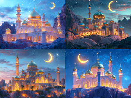ornate islamic palace with golden domes and minarets, glowing warm lights inside, surrounded by pastel pink rocky cliffs, soft blue night sky with twinkling stars and a golden crescent moon, dreamy fairy tale style, 3d render, photorealistic, intricate details, soft lighting