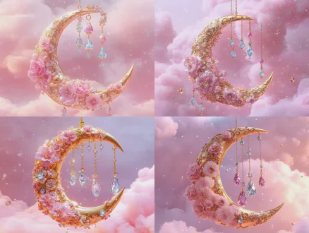 luxurious golden crescent moon adorned with pink gemstones, blue crystals and delicate floral carvings, hanging crystal pendants, floating in soft pink cloudy background, twinkling tiny stars, pastel pink & gold color palette, 3d render, hyper-detailed, magical ethereal atmosphere