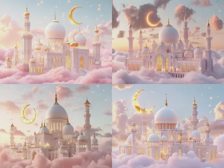 whimsical islamic palace with white domes and golden spires, resting on fluffy pastel pink clouds, glowing golden crescent moon and twinkling stars around, dreamy fairy tale vibe, 3d render, photorealistic, soft warm lighting, intricate architectural details