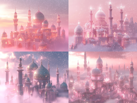 intricate islamic palace with crystal-encrusted domes and minarets, delicate wing-like decorations, surrounded by twinkling stars and pink mist, pastel pink & silver color palette, 3d render, hyper-detailed, magical fantasy style, soft ethereal lighting