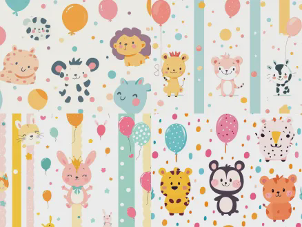 外贸派对卡通图案，鲜艳色彩搭配，竖版2:3比例，居中开窗位置，可爱卡通动物元素，波点条纹装饰，扁平化设计风格，矢量图形，高饱和度，cmyk印刷标准，欢乐氛围，派对气球彩带元素，简洁留白，欧美流行风格，活泼生动，视觉冲击力强。