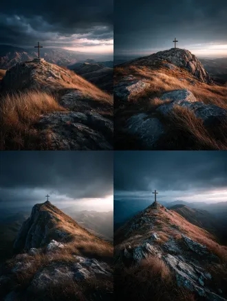 孤独的十字架矗立在荒凉山顶，夕阳照耀下，巨大阴影延伸，哥特式风格，暗黑氛围，低角度拍摄，长焦镜头，冷色调，戏剧性光影，风吹草动，沧桑纹理，金属质感，肃穆寂静，天空乌云密布，神秘感，35mm胶片颗粒，高动态范围。"