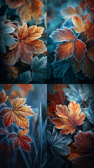 霜降海报，细腻写实摄影风格，主体为带霜的纹理，霜的元素勾边，营造秋日晨露氛围，视觉冲击力强，自然主题突出,4k高清画质.